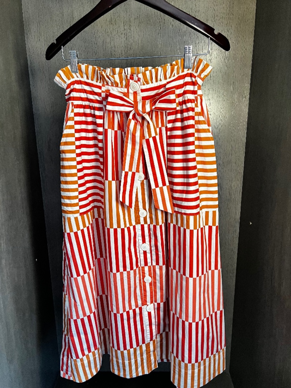 Who What Wear below knee button front striped paper bag waist skirt
